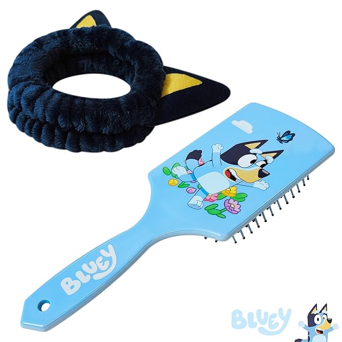 LUV HER Licenced Bluey Kids Hair Brush & Spa Headband Set for Girls - Features Bluey - Fun Grooming Kit for Detangling, Styling & Skincare - Soft & Stretchy One Size, Ages 3+