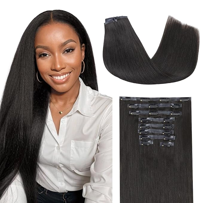 Lashey 150g 9pcs Hair Extensions Real Human Hair 22 Inch Natural Black Light Yaki Straight Seamless Clip in Human Hair Extensions with Soft Invisi Edge