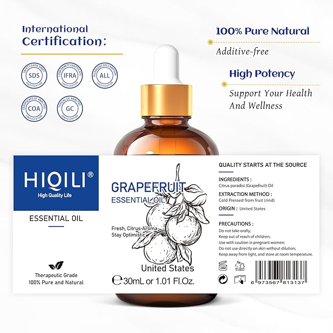 HIQILI 30 ml Grapefruit Essential Oil, for Diffuser, Skin Care,100% Pure and Natural - 1 Fl Oz