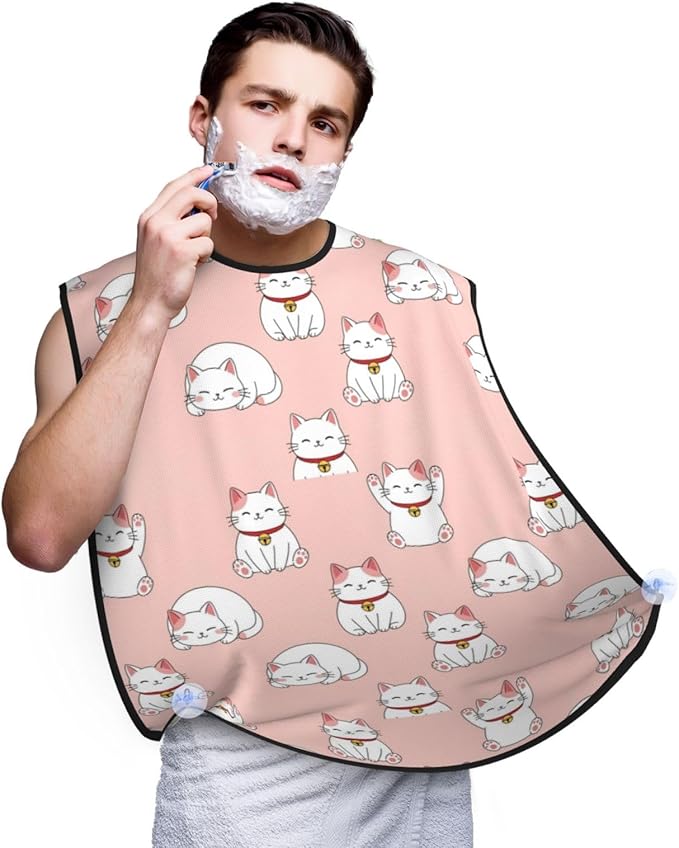 Beard Hair Catcher for Men, Waterproof Shaving Bib Apron Non-Stick, Trimming Tool for Dad Husband, Japan Lucky Cat Funny Fat Cats Pink Shave Bib