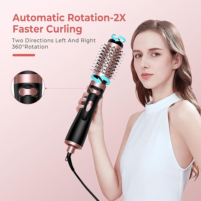 Hair Dryer Brush, 3-in-1 Rotating Round Hot Air Spin Brush Set with 2 Brushes (2" & 1.5"), Negative Ionic Blow Volumizer, 2 Detachable Auto-Rotating Curling Brush 100-120V