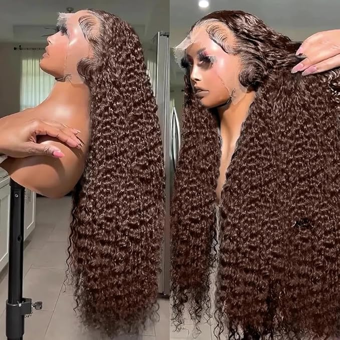 250% Density 13x6 FULL SKINLIKE HD Chocolate Brown Deep Curly lace front wigs Pre Plucked Real 0.10mm Ultra-thin Invisible Water Wave HD Lace Front Wigs Human Hair Small Knots Full Virgin Hair 30 Inch