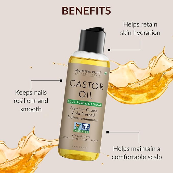 Majestic Pure Castor Oil - 100% Pure & Natural - Premium Grade, Cold Pressed, Hexane Free - Hair, Eyelashes, Eyebrows, Nails - Moisturizing & Nourishing - 4 Fl Oz