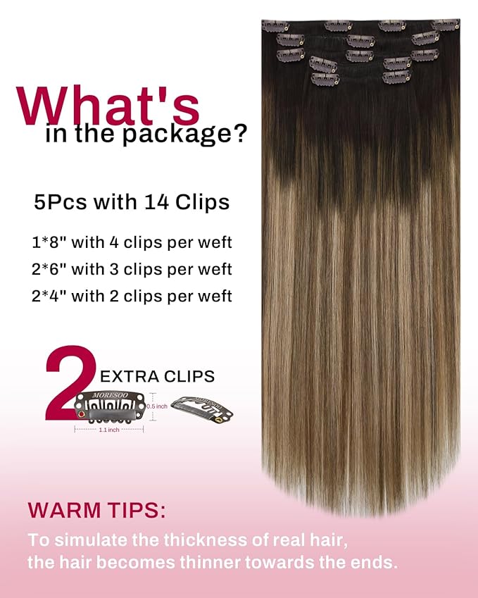 Moresoo Clip in Hair Extensions Ombre Dark Brown to Dark Ash Blonde with Blonde Balayage Hair Extensions Clip in Human Hair Double Weft 5pcs/80g 16inch