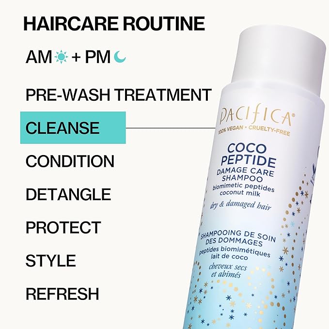 Pacifica Coco Peptide Damage Care Shampoo & Conditioner Set – Repairing Hair Care for Dry Damaged Hair Vegan Collagen & Peptides for Split Ends & Breakage Sulfate Free Clean Vegan Dermatologist Tested