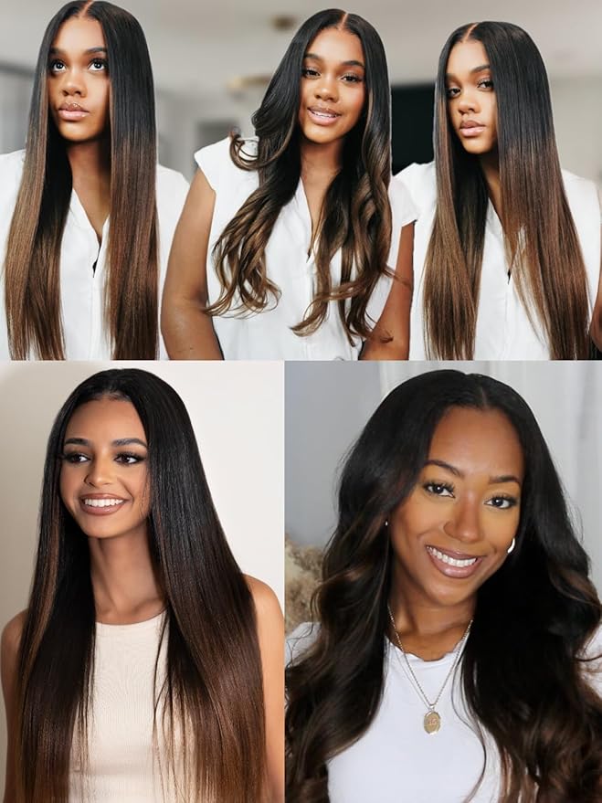 Julia Hair Chestnut Brown Ombre Yaki Straight 7x5 Pre Cut HD Lace Put On and Go Wig Bye Bye Knots Glueless Human Hair Wigs with Invisi Drawstring Pre Plucked Bleached Knots Beginner Friendly 20 Inch