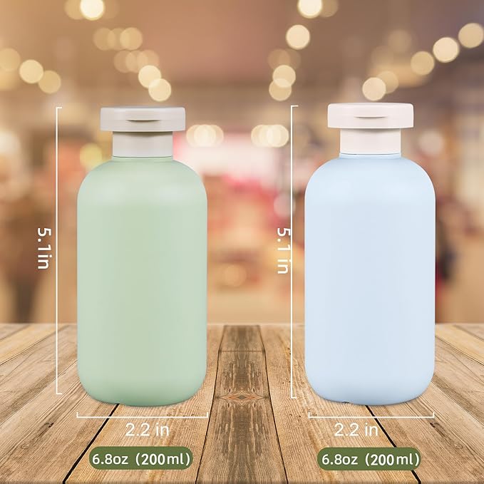 6.8 oz Plastic Travel Shampoo Bottles, Refillable Flip Cap Squeeze Bottles for Toiletries, Large Leakage-proof Travel Shampoo and Conditioner Container (Blue and Green)