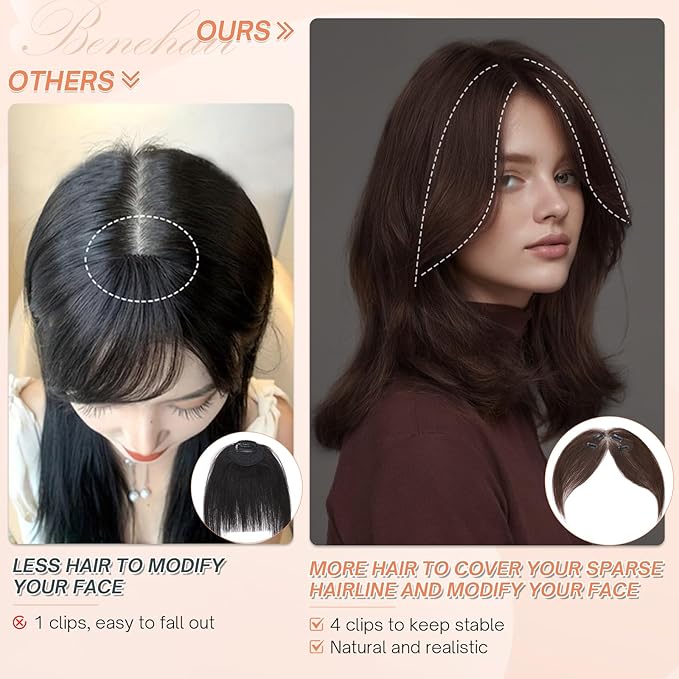 Benehair Clip in Bangs 100% Real Human Hair Extensions 360° Cover Clip on 3D Wispy Bangs for Women Topper Hairpieces for Women Dark Brown