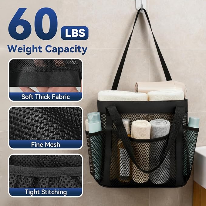 YASONIC Mesh Shower Caddy Portable for Dorm College Room Essentials, 8-Pocket Large Shower Bag with Double Handles, Hanging Shower Basket for Beach, Swimming, Bathroom, Beach, Camp, Gym, Black