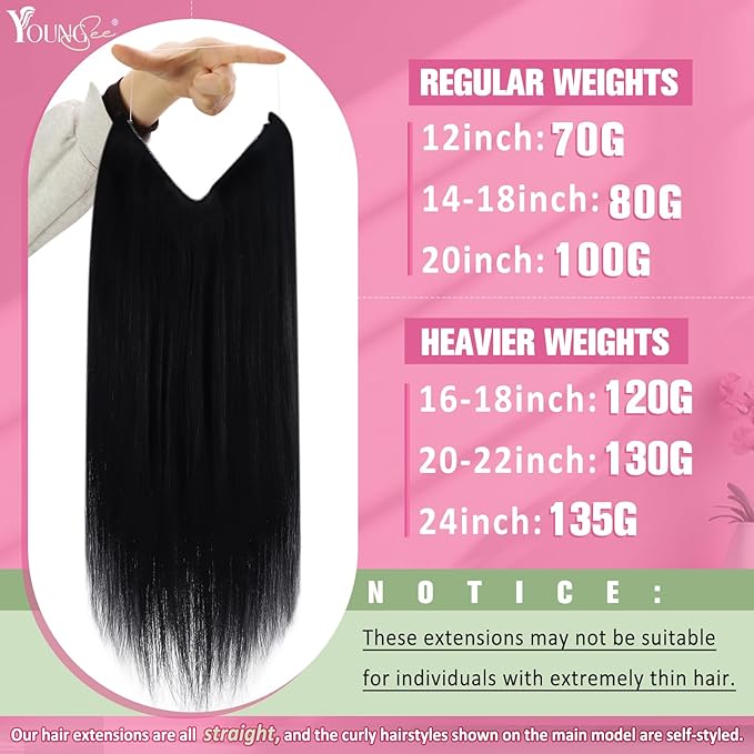 YoungSee 130G Wire Hair Extensions Real Human Hair Black Wire Hair Extensions for Women Jet Black Headband Hair Extension Human Hair 22inch