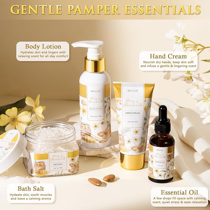 Christmas Birthday Gifts for Women, Honey & Almond Milk Relaxing Spa Gift Baskets for Women Self Care Package Bath Gift Set, Home Bath and Body Kit Pamper Gifts for Womens Mom Her Friends Sister Wife
