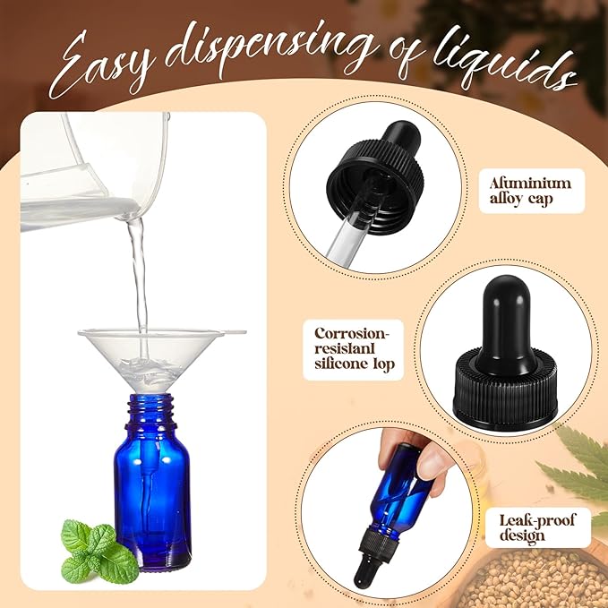 Lallisa 100 Pack Essential Oil Dropper Bottle 15 ml (1/2 Oz) Glass Dropper Bottles DIY for DIY Essential Oil Perfume with 5 Funnels 5 Pipettes 3ml 100 Labels for Bathrooms, Hotels, Labs (Blue)