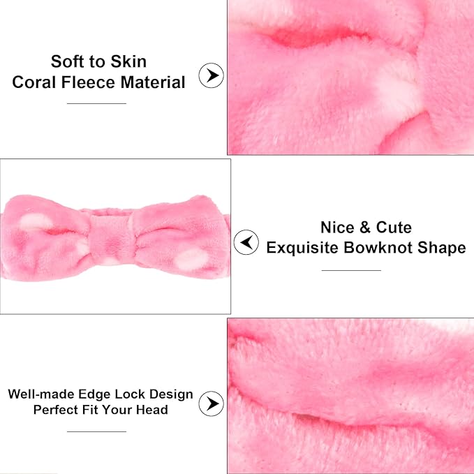 Casoty 6 Pcs Spa Headbands, Hair Holder for Washing Face, Soft Coral Fleece Facewash Headband, Bow Hair Bands, Beauty Headbands for Face Washing Shower Skin Care Yoga