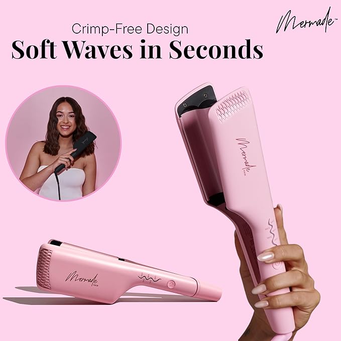 Mermade Hair Deep Hair Waver Tool - Double 1" Barrel Iron for Crimp-Free Beach Waves, Hair Curler for Women, Ionic Ceramic Plates, Reduces Frizz, Suitable for Short, Medium, & Long Hair - Pink