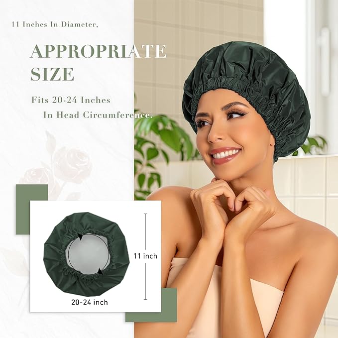 Reusable Shower Cap for Women, Large Waterproof Shower Essentials Bonnet Washable Elastic Band Bath Hair Wrap Hat for Long Hair, Braids(Dark Green)