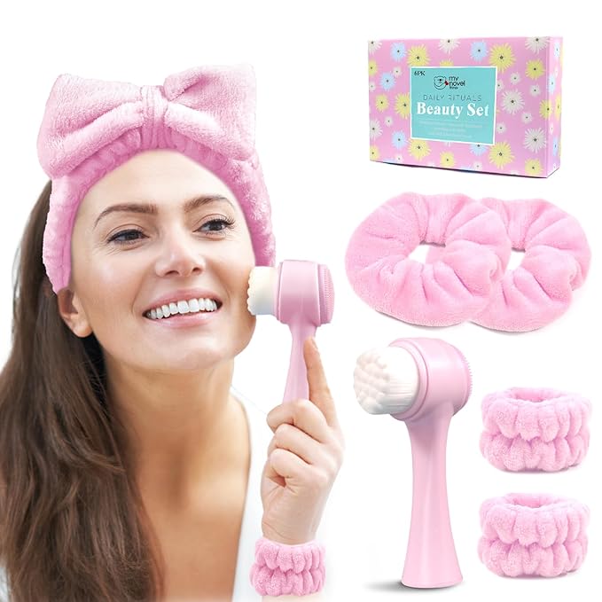 Spa Headband for Washing Face, Skincare headband and wristband set, Facial Cleansing Brush, 2-in-1 Skin Care face Brush, Come with a Hair Scrunchie, For Massaging Makeup Skincare -Pink