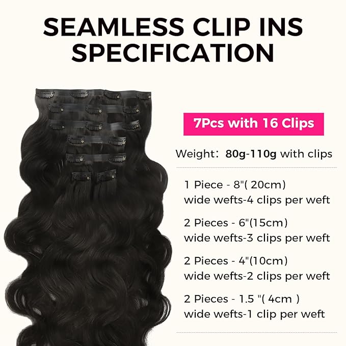Lashey Seamless Clip in Hair Extensions Remy Human Hair Extension, 7pcs 110g Body Wave 26 Inch #1B Natural Black Hair Extensions Seamless Clip in Hair Extension with Invisi Edge
