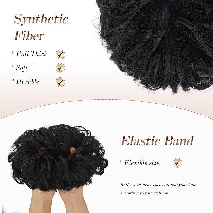FESHFEN Messy Bun Hair Piece - Large Elastic Wavy Curly Hair Bun Scrunchies Ponytail Extensions Synthetic Chignon Hairpieces for Women, Natural Black 1.94oz