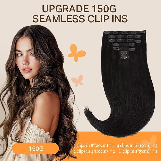 DOORES Clip in Hair Extensions, Natural Black 130g 7pcs 16 Inch, Thick Virgin Human Hair Clip in Extensions Natural Silky Weft for Women