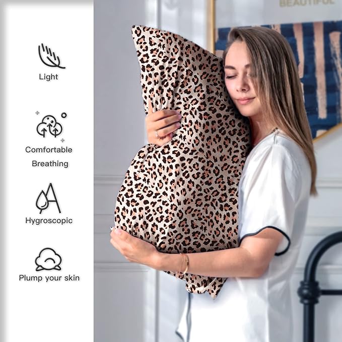 Mulberry Silk Pillowcase for Hair and Skin Queen Size Leopard Print Silk Pillow Cases with Zipper Soft Breathable Smooth Cooling Silk Pillow Covers for Sleeping (Taupe Leopard,20"X 30",1Pcs)