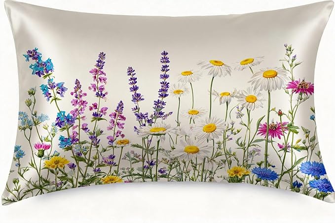 Silk Pillowcase for Hair and Skin Colorful Botanical Wildflowers Satin Pillowcase Standard Size with Zipper Silky Soft Cooling Satin Pillowcase Sleeping for Women 20"x26"