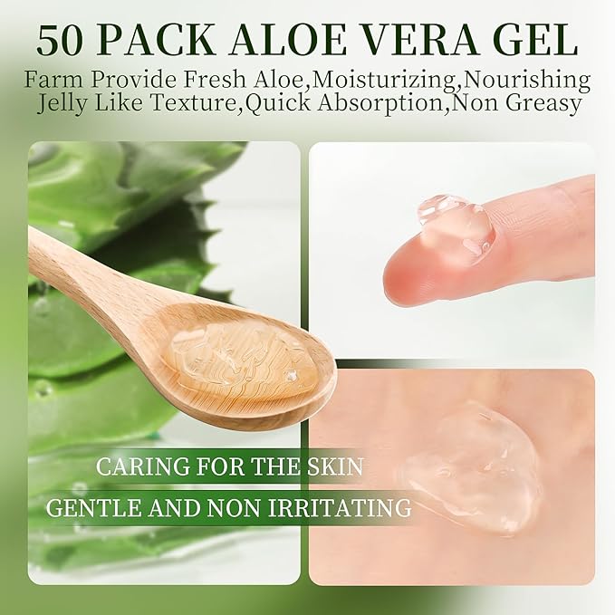 50 Pack Aloe Vera Gel for Face, Hair, Body, Skin, Sunburn Relief, 99% Pure Aloe Vera Gel for All Skin Types, Bulk Aloe Gel Travel Size for Soothing After Sun Skin Care Relief