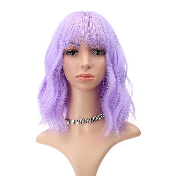 FAELBATY Short Wavy Purple Wigs With Air Bangs Shoulder Length Wig For Women Girls Curly Wavy Synthetic Halloween Cosplay Costume Wigs (12" Purple)