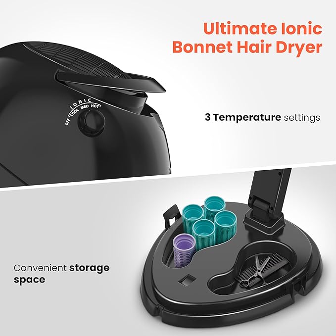 TASALON Portable Hooded Hair Dryer Bonnet, 1875W Height Adjustable Salon Home Hair Dryer with Hood, 3 Heating Settings - Black