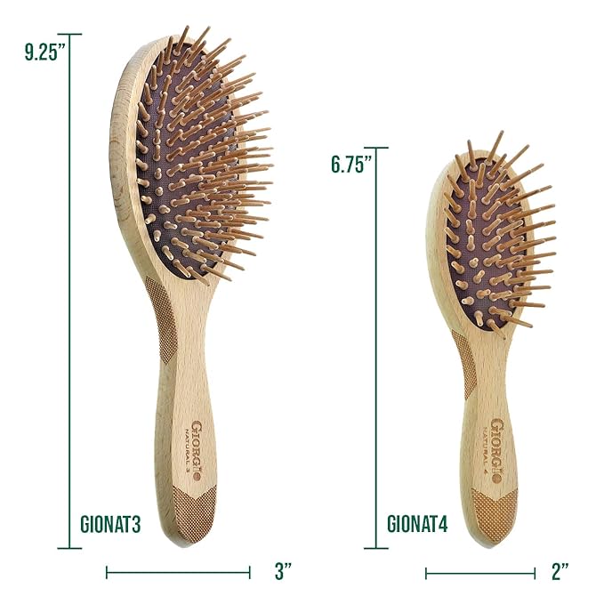 Giorgio Eco Friendly Wooden Bristle Hairbrush - Small Detangling Brush and Hair Growth Brush for Thick or Long Hair - Oval Paddle Hair Brush Made with Anti Static Beechwood, Silicone Massage Cushion