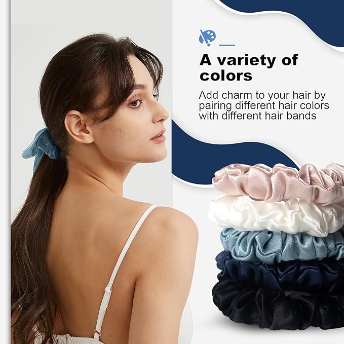 1 Piece Silk Bow Scrunchies for Hair-100% Pure Mulberry 22 Momme Silk Hair Tie, Elastic Ponytail Holder, Elegant Soft Bow Hair Ties Band for Women Hair Care, Multiple Colours (MIST BLUE)