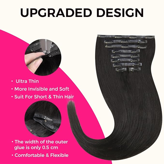 Lashey Seamless Clip in Hair Extensions Human Hair 9pcs 130g Natural Black Light Yaki Straight Clip in Hair Extensions Real Human Hair 16 Inch Soft