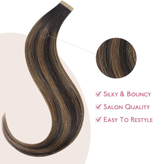 WENNALIFE Tape in Hair Extensions Human Hair Balayage Dark Brown Mixed Chestnut Brown Tape in Extensions, 10pcs 25g 16 inch Remy Invisible Tape Ins Straight Soft Real Human Hair Tape in Extensions