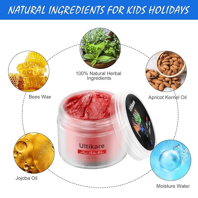 Temporary Hair Color for Kids, Ultikare Red Hair Dye Washable Natural Hair Wax Color Chalk Mud Cream DIY Hairstyle Clay For Dark Hair Halloween, Cosplay, Party, Christmas Gift Girls 3.4 Fl Oz 6 colors