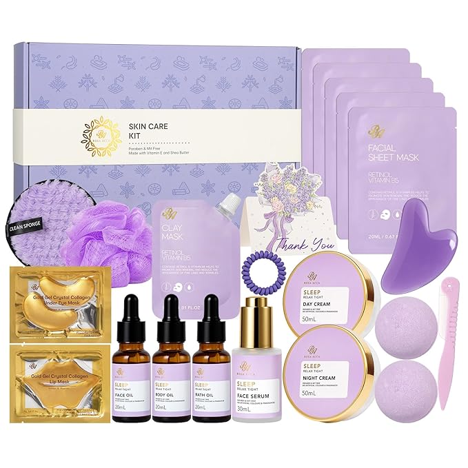 Lavender 23 Pcs Facial Skin Care Set, Luxury Bath and Body Gifts for Women, Spa & Self-Care Gifts, Peptide Sheet Mask, Eye Mask, Present, Birthday, Christmas, Valentines, Mother Day, Bridal Shower