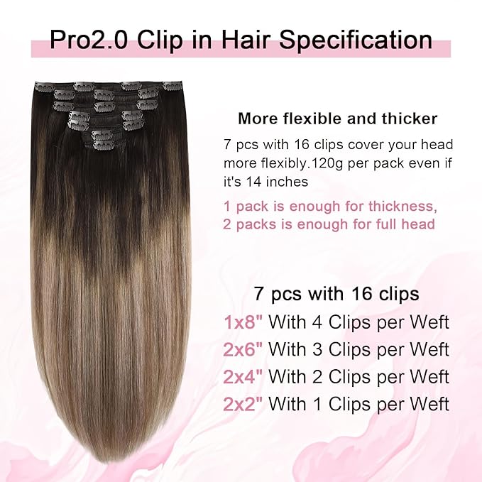 Pro2.0 Remy Real Human Hair Extensions Clip ins 120g Thick 7pcs Color #2/6/18 Dark Brown to Dirty Blonde Remy Clip in Hair Extensions Real Human Hair 16inch Double Weft（#2/6/18-16inch）