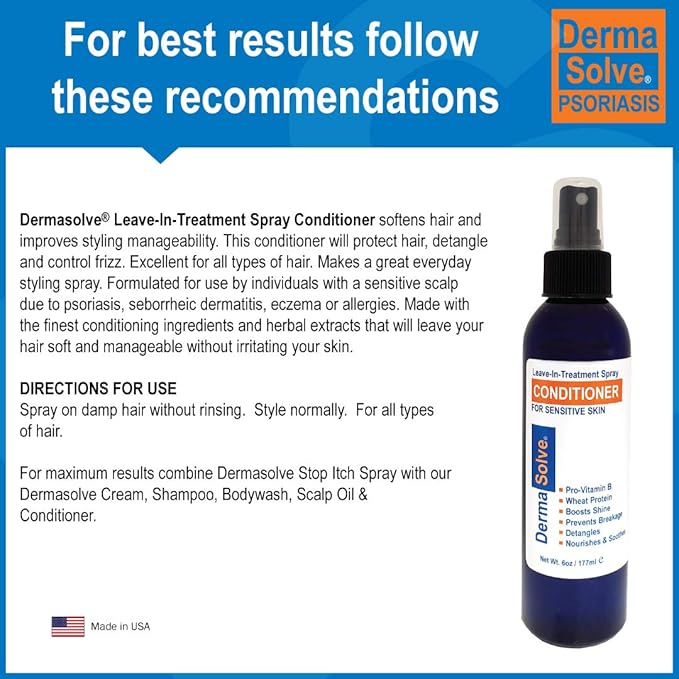 Dermasolve Psoriasis Leave-In-Treatment and Styling Spray Conditioner for Seborrheic Dermatitis, Sensitive Skin, Detangle, De-Flake, Soothing Anti Dandruff, Dry Scalp Repair for Damaged Hair