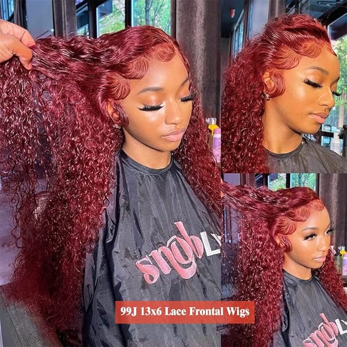 32 Inch 99J Burgundy Lace Front Wigs Human Hair Red Burgundy Wig 200% Density 13x6 Deep Wave Lace Front Wigs Human Hair Pre Plucked Glueless Lace Frontal Wigs for Women