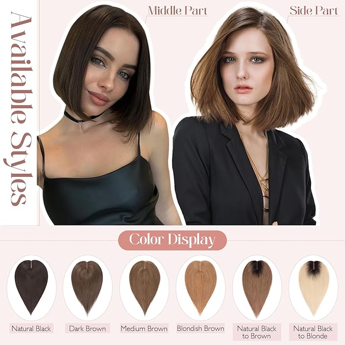 Hairro 100% Human Hair Topper No Bangs, Real Clip in Hair Hairpieces for Women, 3.94x4.72" Silk Base for Thinning Receding High Hairline, 10 Inch Medium Brown Middle Part
