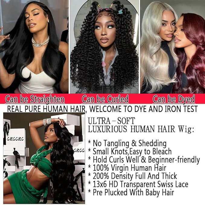 32 Inch Lace Front Wig Human Hair Body Wave Wig 13x6 Lace Frontal Human Hair Wigs for Women 200% Density HD Lace Glueless Wigs Pre Plucked Wigs for Women