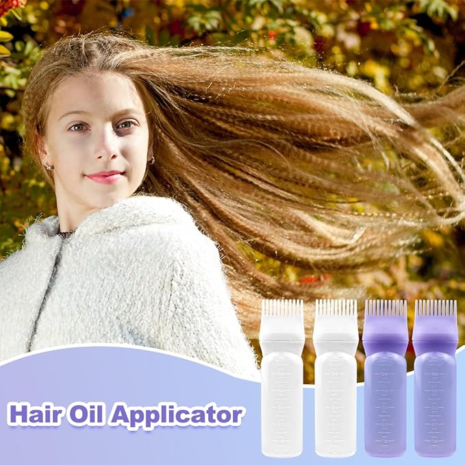 ELANE 4 Pack Hair Oiler Comb Bottle,Root Comb Applicator Bottle for Hair Oil Scalp Hair Oiling Applicator(2Purple+2White)