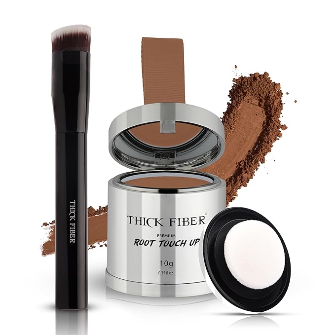 THICK FIBER Root Touch Up Powder with Brush – Covers Grey Roots, Thinning Hair & Bald Spots – Sweat & Water Resistant for Men & Women (Medium Golden Brown, 0.35 Ounce (Pack of 1))