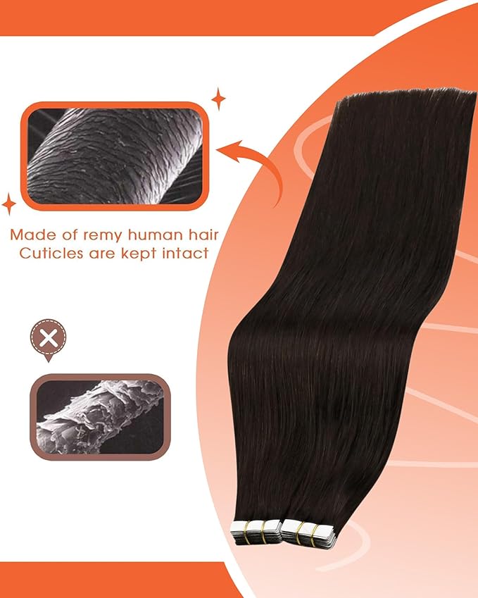 Sunny Hair Tape in Hair Extensions Real Human Hair Invisible Remy Hair Extensions Tape ins for Women Darkest Brown 18 inch 25G