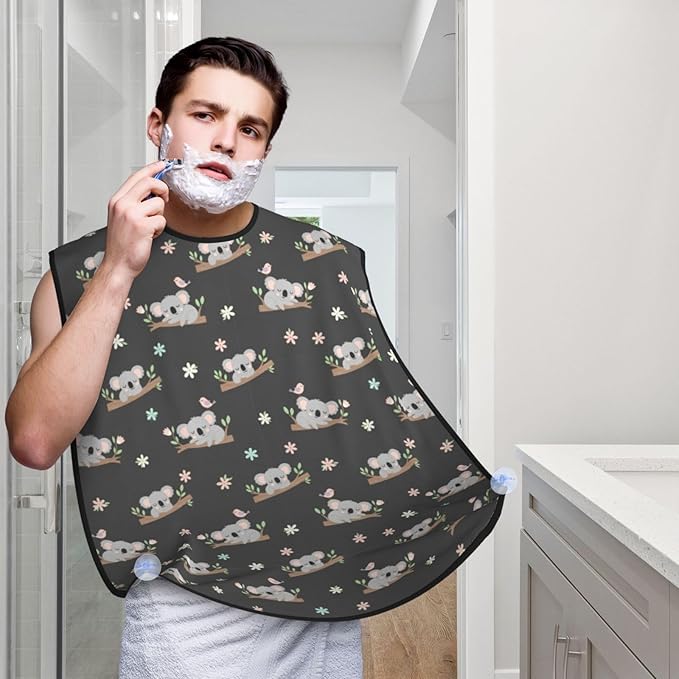 Non-Stick Beard Shaving Bib, Hair Catcher Apron with Suction Cups, Waterproof Grooming Tool for Men Husband, Cute Cartoon Koala and Flowers Floral Shave Bib