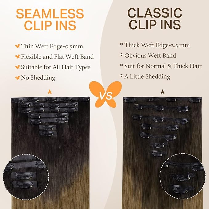 DOORES Seamless Clip-in Hair Extensions, Chocolate Dip Color Melt 110g 7pcs 18 Inch, Invisi Edge Remy Natural Straight Hair