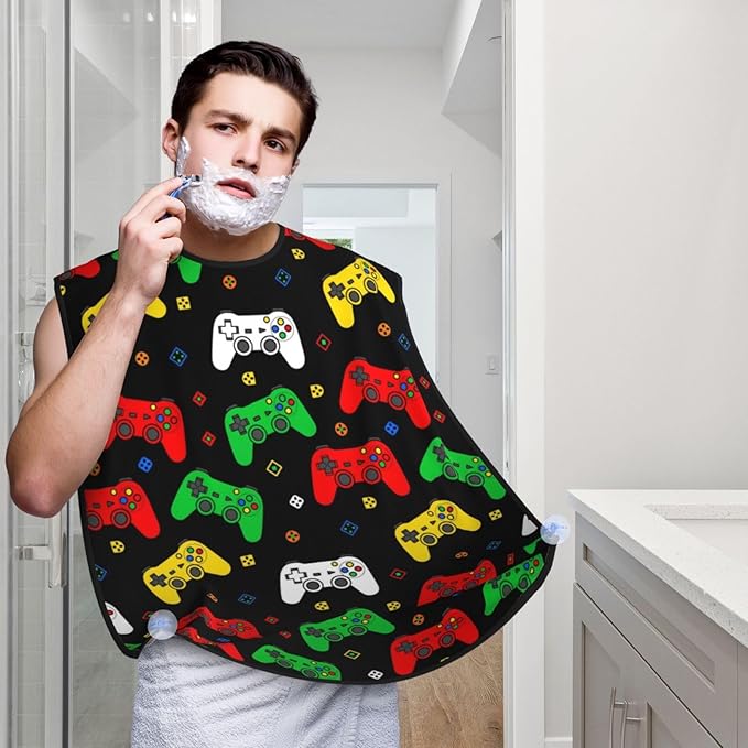 Beard Apron Hair Catcher, Funny Gamers Colorful Video Game Weapon Joystick Shave Bib, Waterproof Non-Stick Shaving Bib, Trimming Grooming Tool for Dad Men Anniversary