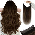 YoungSee Wire Human Hair Extensions Brown Wire Hair Extensions Human Hair Balayage Darkest Brown with Medium Brown Fish Line Hair Extension Real Human Hair 80G 16In
