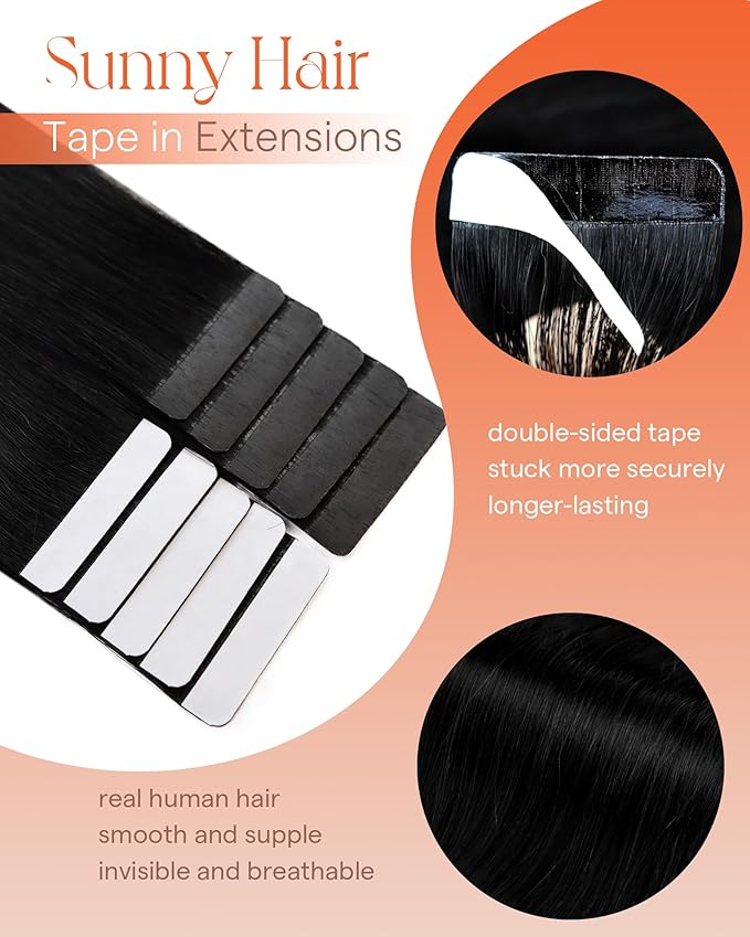 Sunny Hair Tape in Hair Extensions Real Human Hair Invisible Remy Hair Extensions Tape ins for Women Jet Black 20 inch 25G