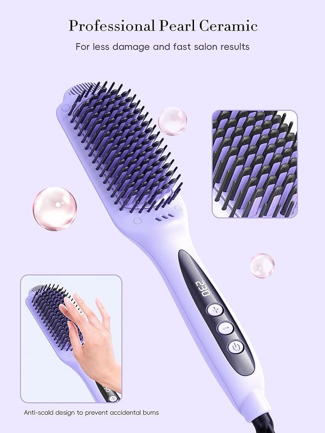 LANDOT Hair Straightener Brush for Damaged Hair - Keratin & Argan Oil Coated Bristles, Ionic Ceramic Straightening Brush to Reduce Frizz & Nourish Hair, Dual Voltage, 12 Temp 250-450F, Purple