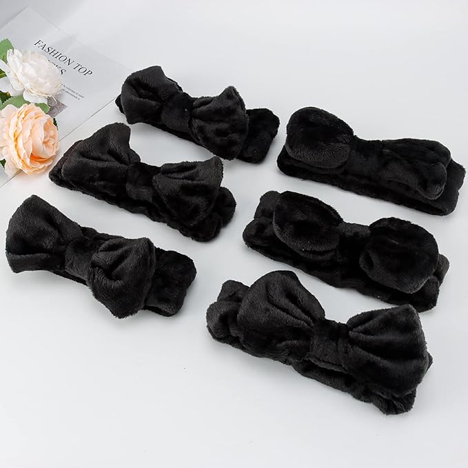 Casoty 6 Pcs Black Spa Headband, Bow Hair Band, Hair Band for Washing Face, Fuzzy Headbands for Women Girls, Soft Coral Fleece Skincare Headbands for Face Washing Shower Yoga
