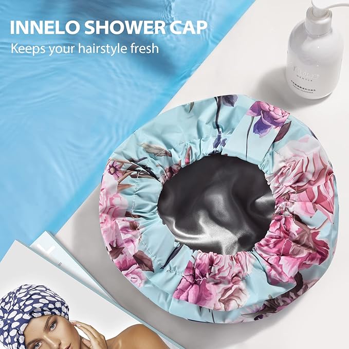 INNELO Luxury Shower Cap for Women Reusable Waterproof, Double Layered Shower Hair Cap with Adjustable Elastic Strap, Large Satin Lined Shower Bath Cap for Long Curly Straight Hair, Green-Flower
